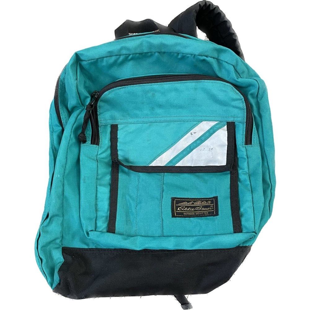 Vintage Eddie Bauer Backpack Teal Nylon Small Pack Bag 2 Pocket USA Made - Picture 1 of 7